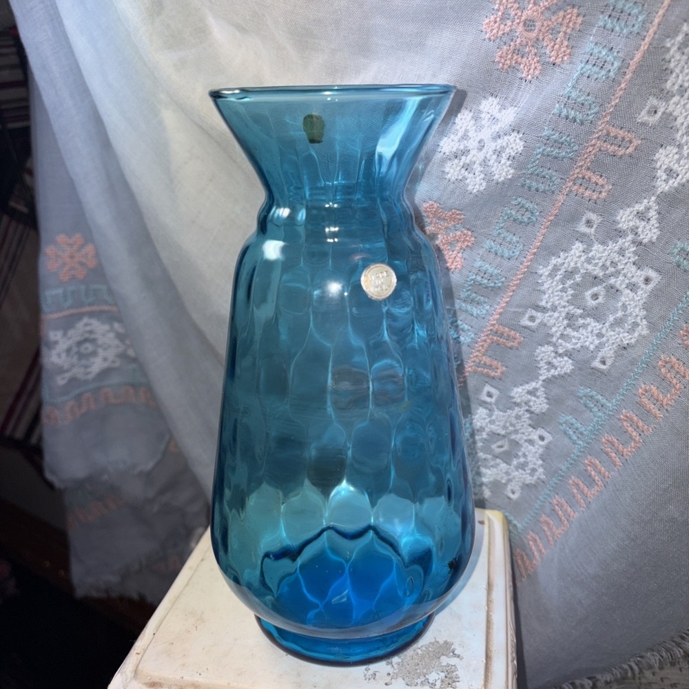 Italian Art Aqua Blue Optic Empoli Glass Vase  made in Italy 8 3/8 inch sticker